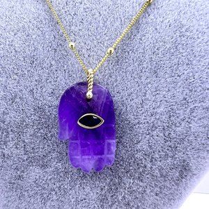 14K Gold Plate Amethyst Hamsa Necklace